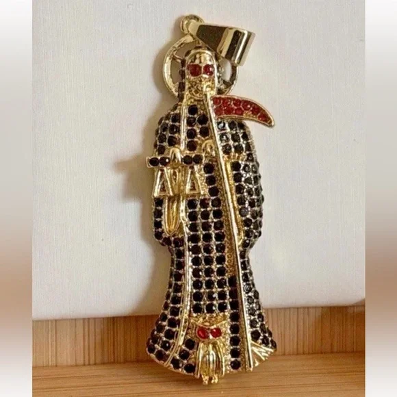 Gold Plated Grim Reaper Santa Muerte Large Pendant Black Red Crystal Gothic - Picture 4 of 10